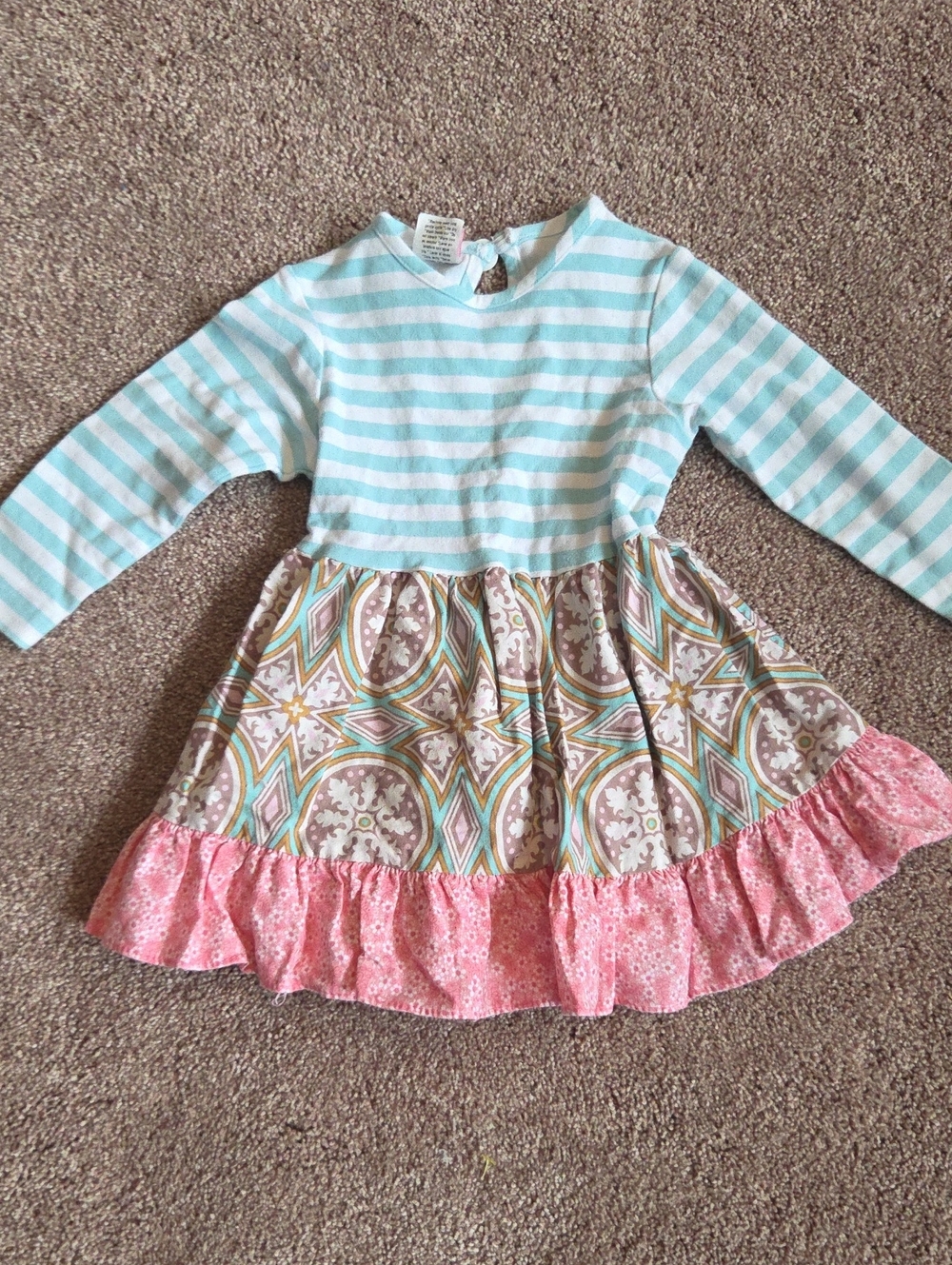 Striped Blue & White Long-Sleeve Girls Dress with Patterned Skirt